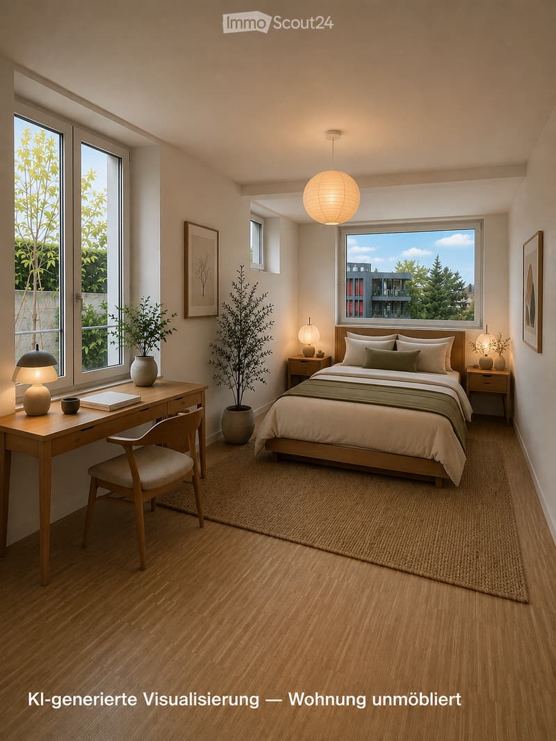 Modern, well-lit bedroom with wooden flooring, large windows, a bed with pillows and a duvet, a nightstand with a lamp, a desk with a chair, and decorative plants.