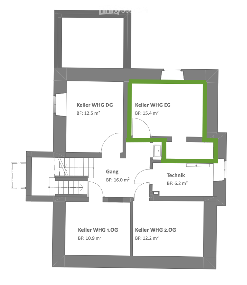 Floor plan of a basement level showing multiple rooms including Keller WHG DG, Keller WHG EG, Gang, Technik, Keller WHG 1.OG, and Keller WHG 2.OG with respective base floor areas.