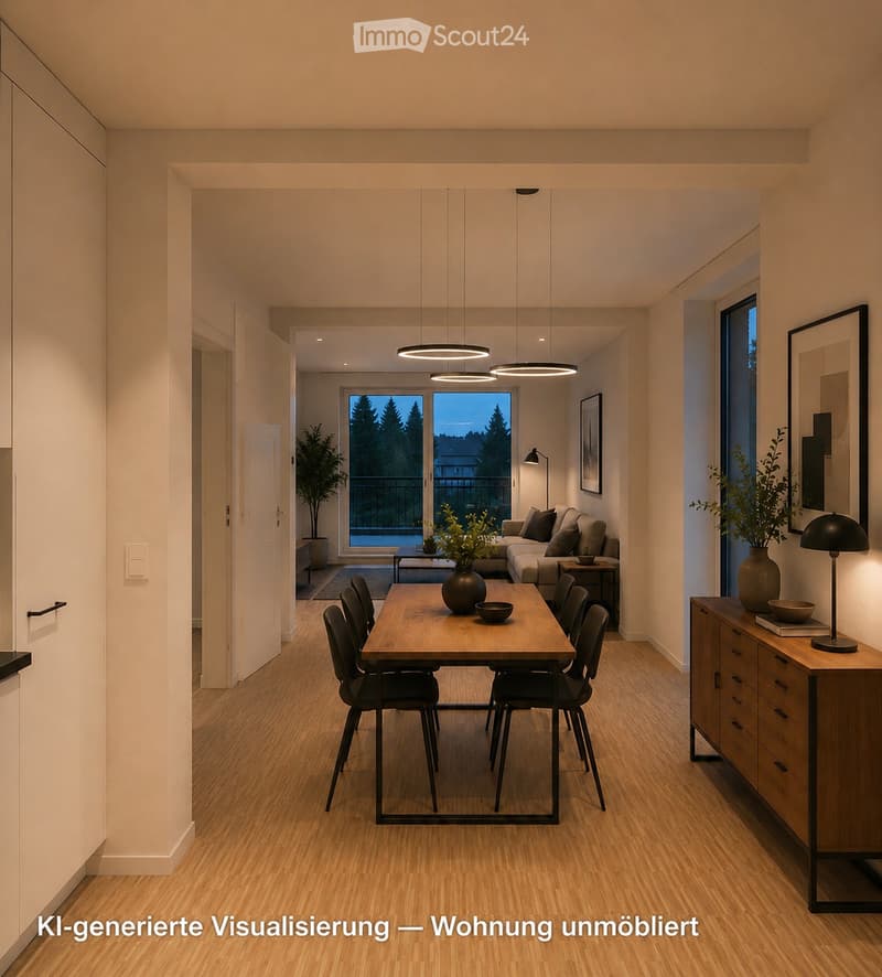 Open-plan living and dining area with wooden flooring, large windows, and a view of a balcony. The space is unfurnished, showing only the structural elements and natural light.