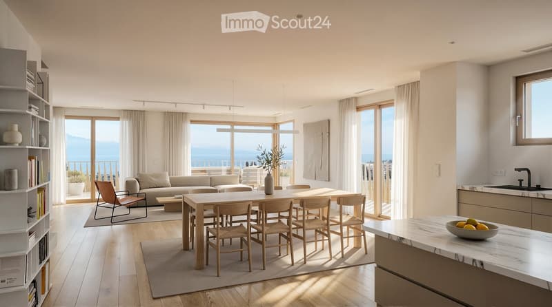 Modern open-plan living and dining area with large windows offering a scenic view, featuring a sofa, coffee table, dining table with chairs, bookshelf, and decorative vases.