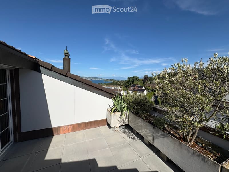 Roof terrace with tiled flooring, white wall, and potted plants, overlooking a scenic lake and distant mountains.