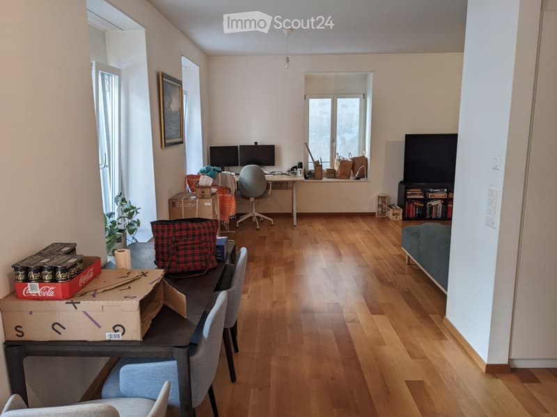 A multi-purpose room with a sofa, a TV, a desk with two monitors, and a dining area with a table and chairs. The room has wooden flooring and large windows.