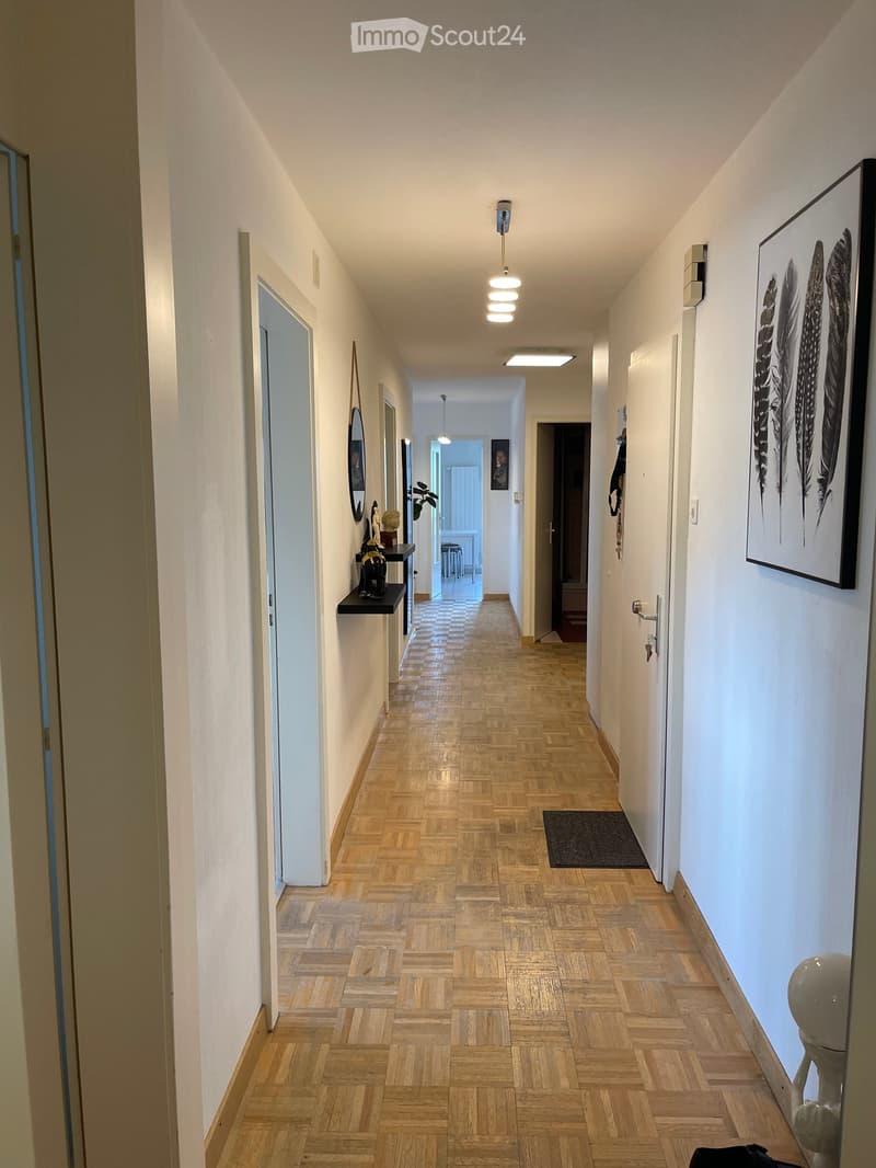 Long hallway with wooden herringbone flooring, white walls, and several doors leading to different rooms. Features a small black shelf with decorative items, a framed artwork on the right wall, and a small black doormat near the center.