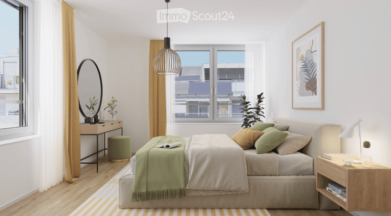 Modern bedroom with a large bed, nightstands, a mirror, a stool, a small table, and a hanging lamp. The room features large windows with a view of the city and is decorated with plants and artwork.