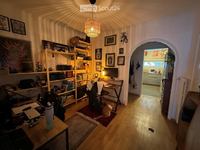 A cozy living room with wooden flooring, a large shelf filled with books and items, a desk with a computer, and a small cat sitting on a rug.