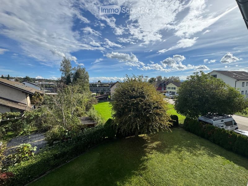 A well-maintained garden with green grass, trees, bushes, and a small wooden table. The background shows neighboring houses and a clear blue sky with scattered clouds.
