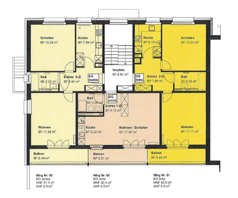 Floor plan of a multi-unit building with three apartments, each featuring living, sleeping, kitchen, and bathroom areas, plus balconies.
