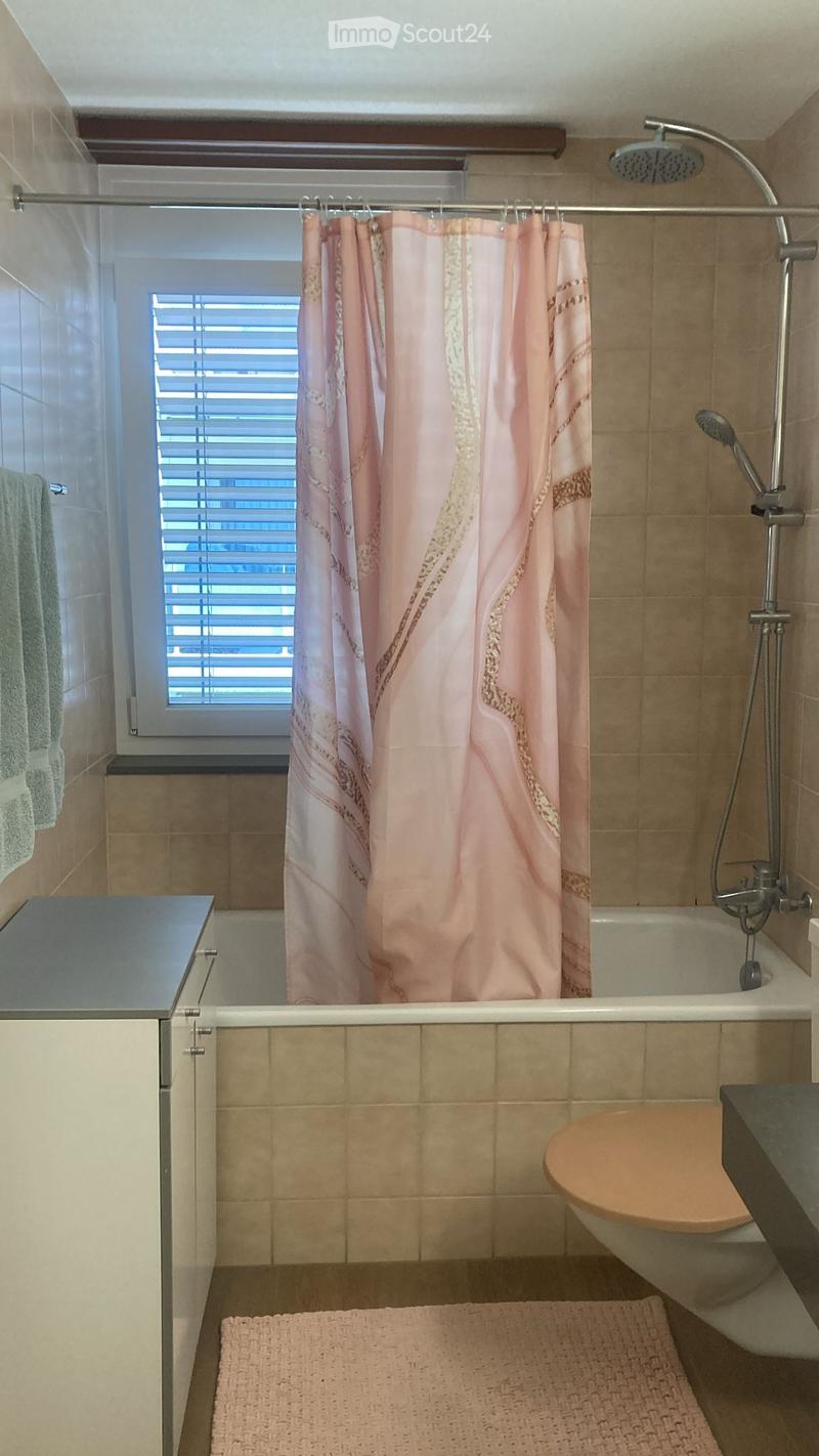 Bathroom with a bathtub, toilet, shower curtain, and a towel hanging on the wall. The shower area has a modern glass enclosure with a handheld showerhead.