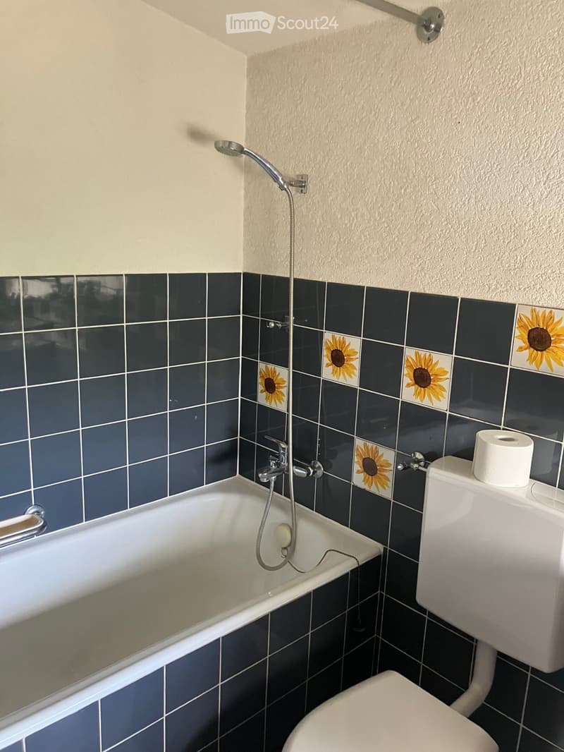 Bathroom with a bathtub, toilet, and showerhead. The walls are tiled with dark blue tiles and sunflower decals. A toilet paper roll is placed on the toilet tank.