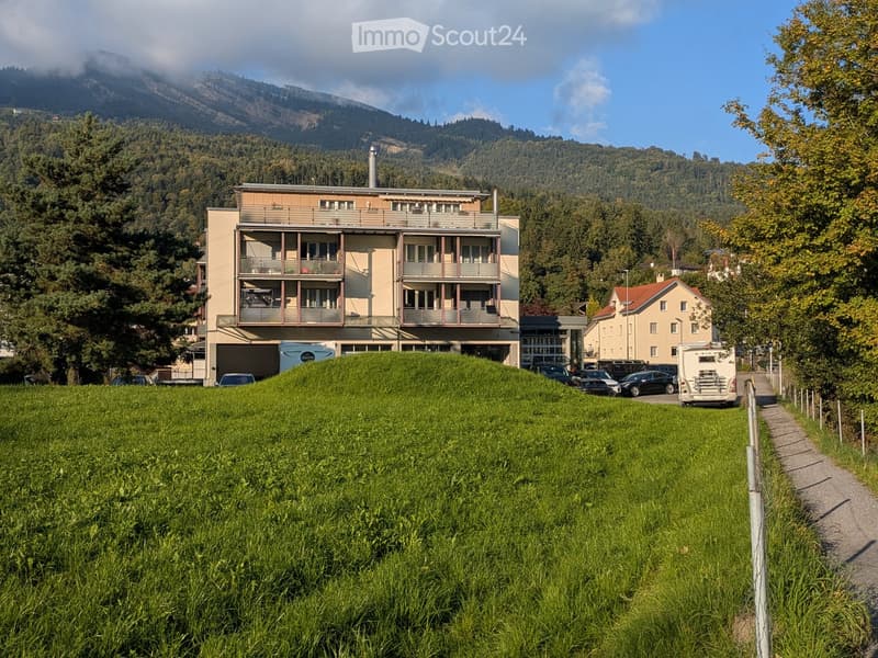 Large apartment building in the mountains, beige color, several windows and balconies, green area with trees in front