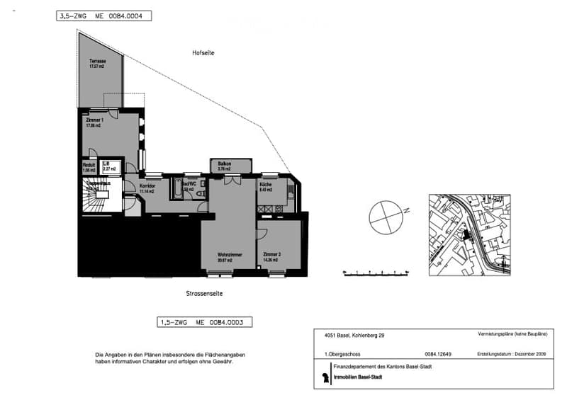 Floor plan of a 3.5-room apartment with living room, kitchen, two bedrooms, bathroom, balcony, and terrace.