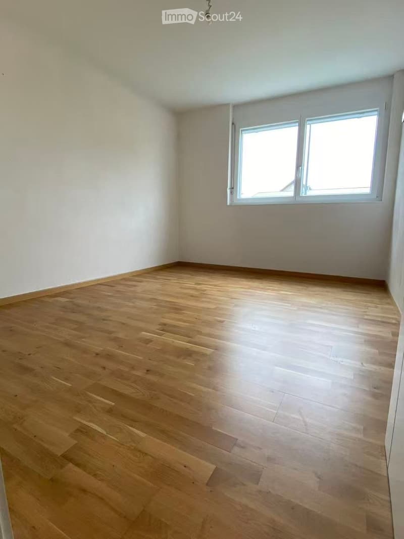 Empty room with light wooden flooring and white walls, featuring a large window with white frames and a simple ceiling light fixture.