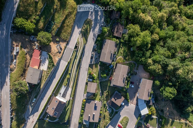 residential area with multiple houses, curved road, green grass, trees, solar panels