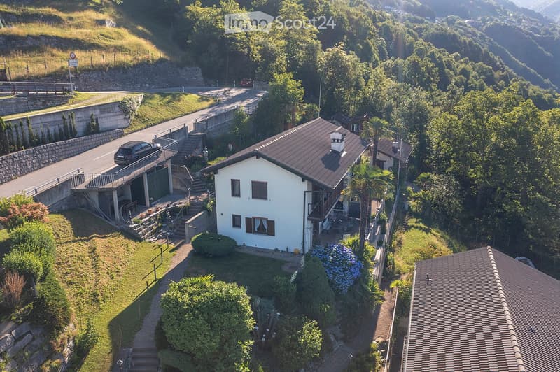 2 story house, white exterior, brown roof, elevated ground floor, car parked in garage, surrounded by greenery
