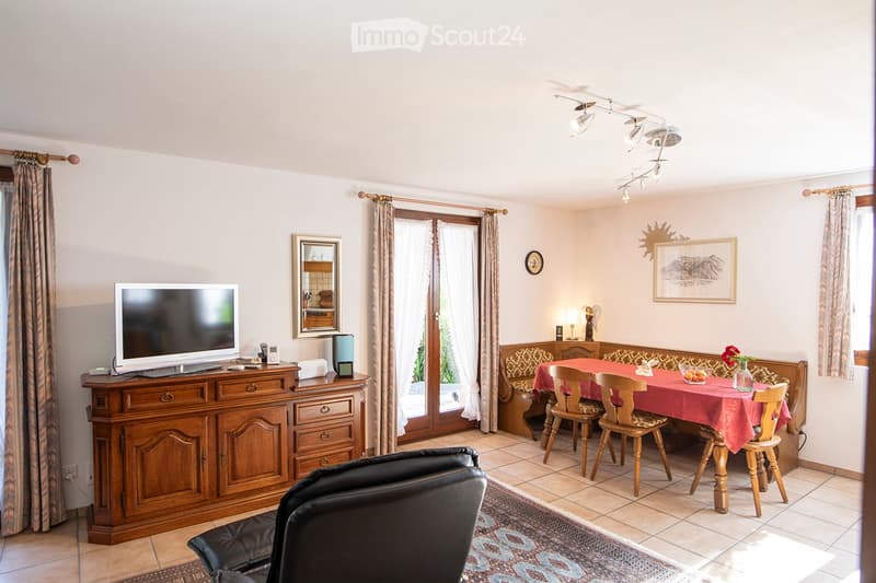 Large open living room, glass door, dining table, wooden chairs, large TV, mirror, decorative painting, rug, wooden TV stand