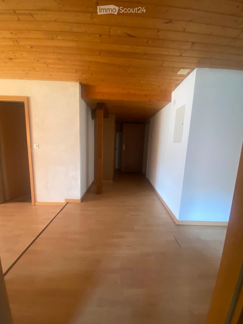 Empty hallway with wooden flooring, white walls, and a skylight at the end, leading to another room.