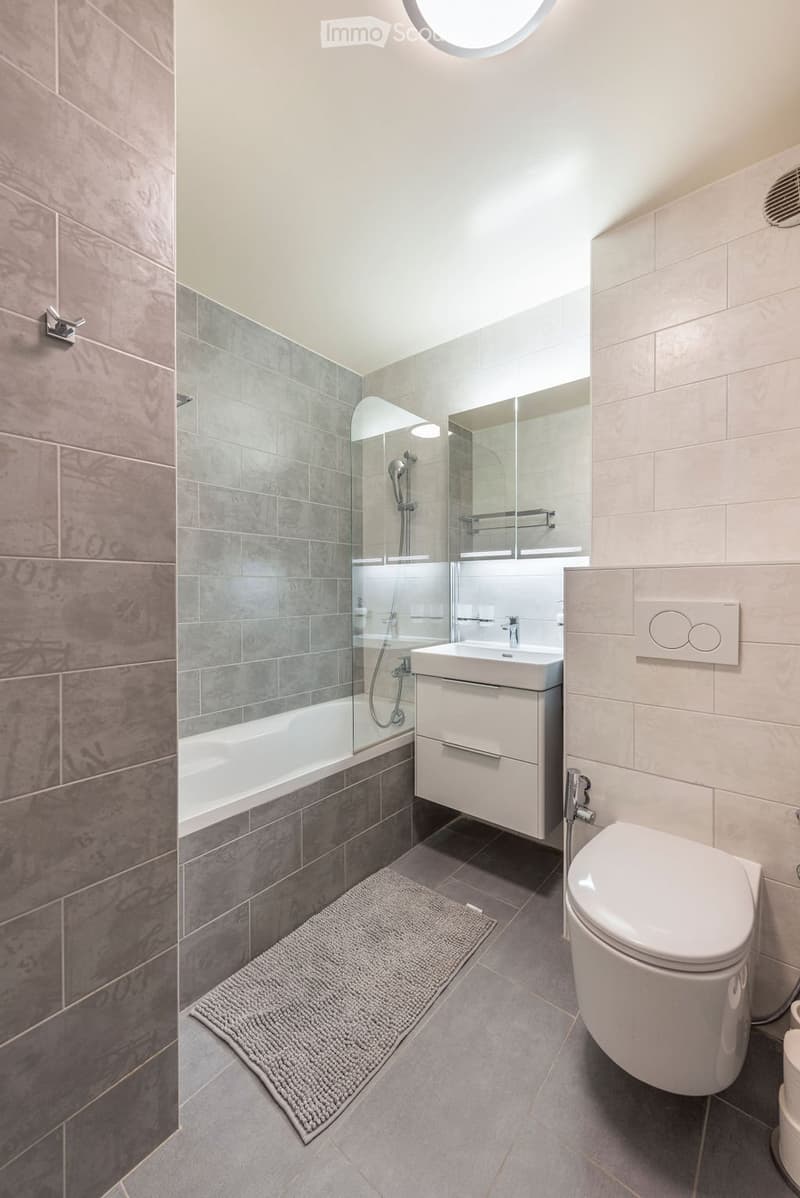 Bathroom. Modern bathroom with grey tiles, a bathtub with a glass shower enclosure, a white sink with a cabinet, a toilet, and a round mirror above the sink.