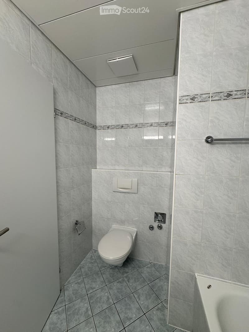 Modern bathroom with grey tiled walls and floor, featuring a toilet and a bathtub, with a glass shower enclosure and a grab bar.