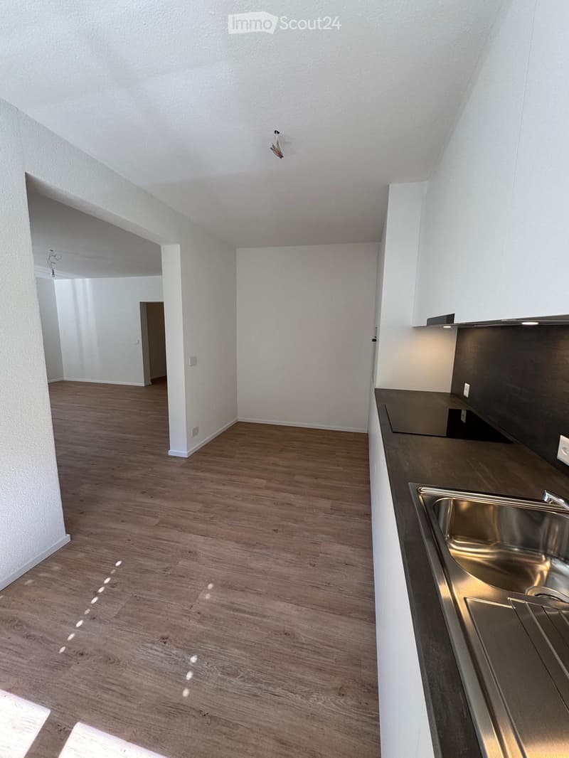 Empty kitchen with wooden flooring, white walls, and a stainless steel sink. No furniture or appliances are present.