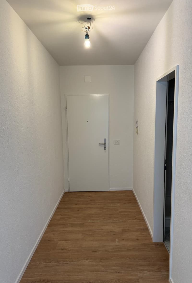 Empty hallway with wooden flooring, white walls, and a single closed door at the end. A light fixture hangs from the ceiling, and an open doorway leads to another room on the right.