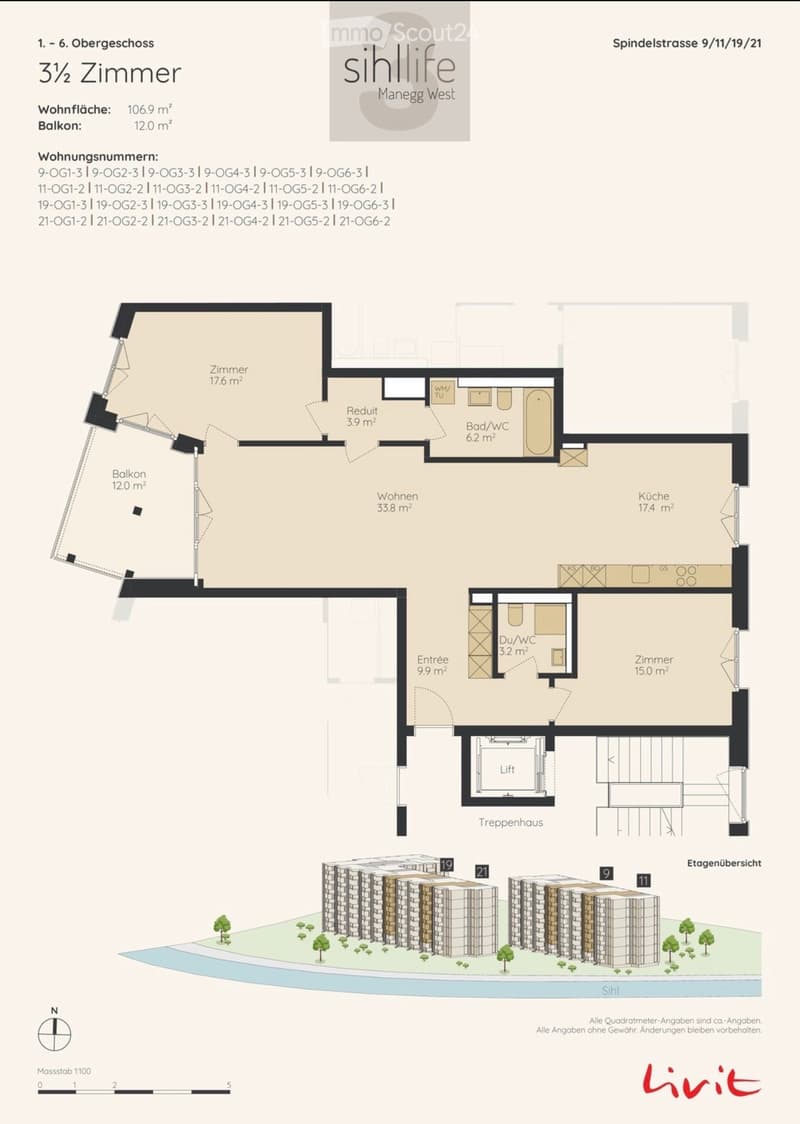 Floor plan of a 3.5-room apartment with a living area, kitchen, bedroom, bathroom, and balcony.