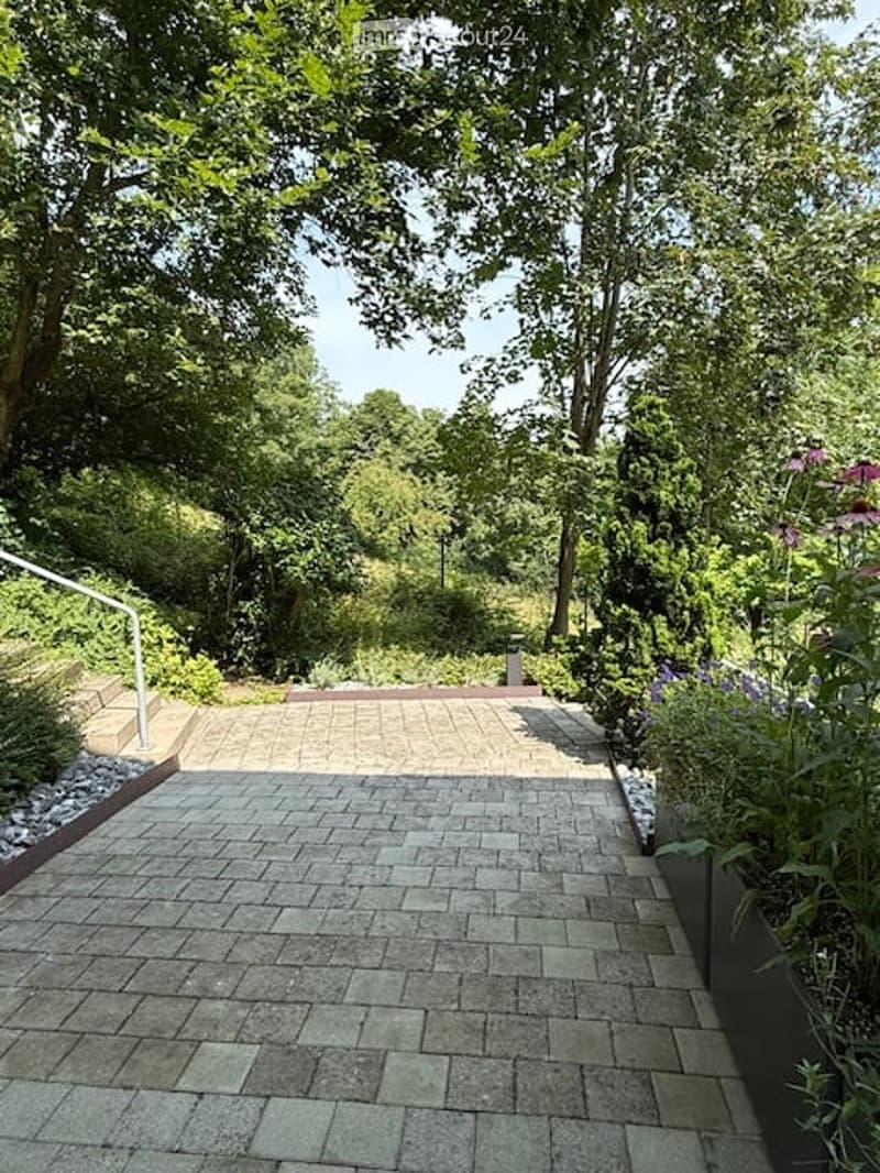 brick pathway, plants, trees, shrubs, flowers, handrail
