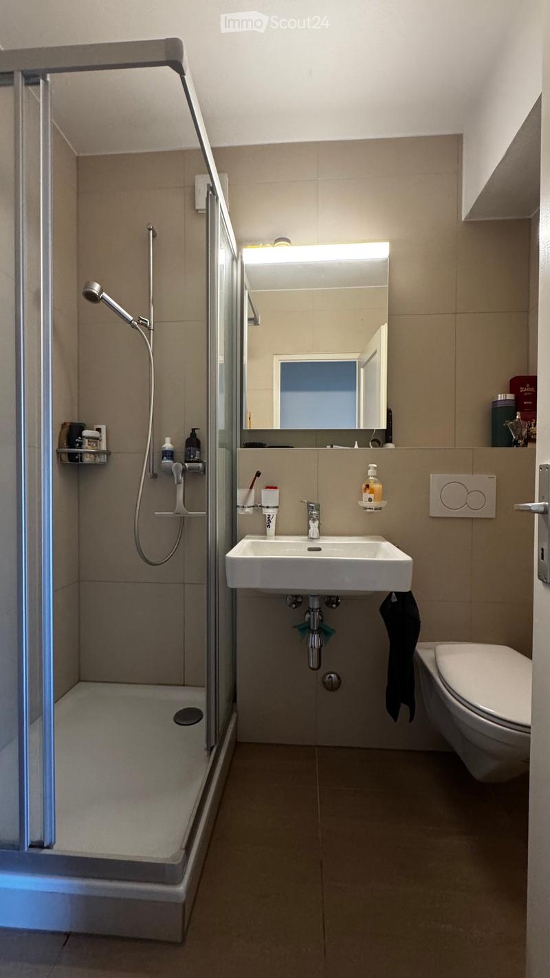 Modern bathroom with a white sink, toilet, and glass-enclosed shower. Features a large mirror with built-in lighting, a toothbrush holder, and a soap dispenser on the sink counter.