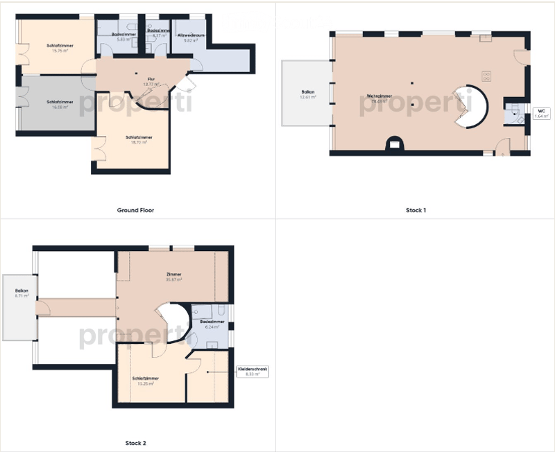 Floor plan showing three levels: ground floor with living room, dining room, and two bedrooms; first floor with hallway, living area, and bathroom; second floor with bedroom, hallway, and children's room.
