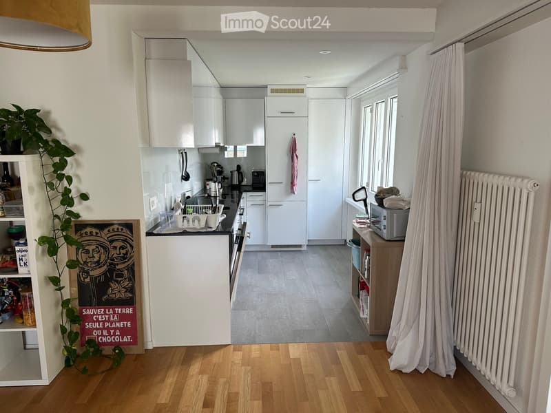 Modern kitchen with white cabinets, wooden flooring, and a variety of appliances including a microwave and oven. Features a potted plant, a shelf with items, and a poster on the wall.