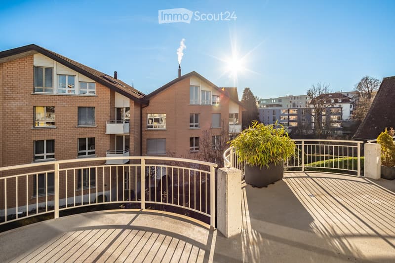 Balcony with white metal railing, potted plants, and a view of neighboring brick houses and a clear blue sky.