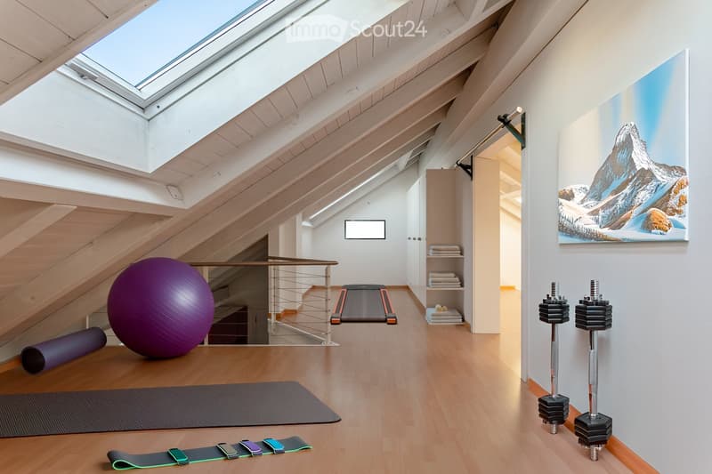 Well-lit attic room with wooden floors, skylights, and fitness equipment including a large purple exercise ball, yoga mat, dumbbells, treadmill, and a pair of skis.