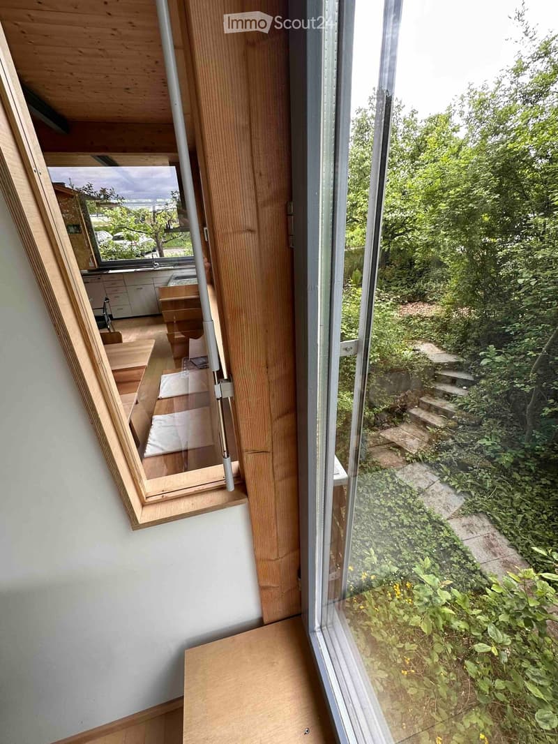 Corridor / Hallway. A modern hallway with large glass windows and wooden doors, leading to a kitchen area and an outdoor garden with steps.