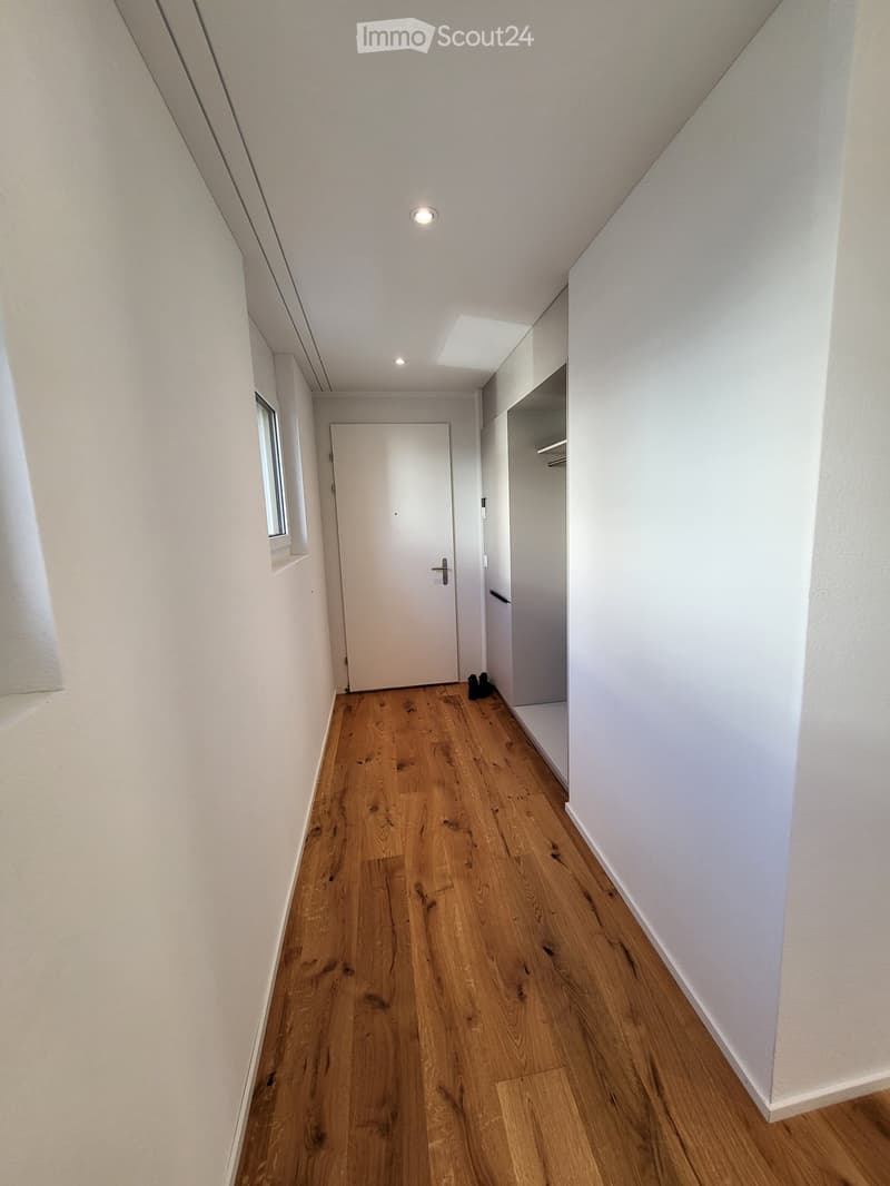 A narrow hallway with wooden flooring, white walls, and a single door at the end. The ceiling has recessed lighting and a small skylight. A small window is visible on the left side.