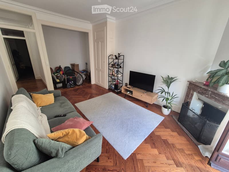 Living room with hardwood floors, fireplace, sofa with pillows, coffee table, TV, and a plant.