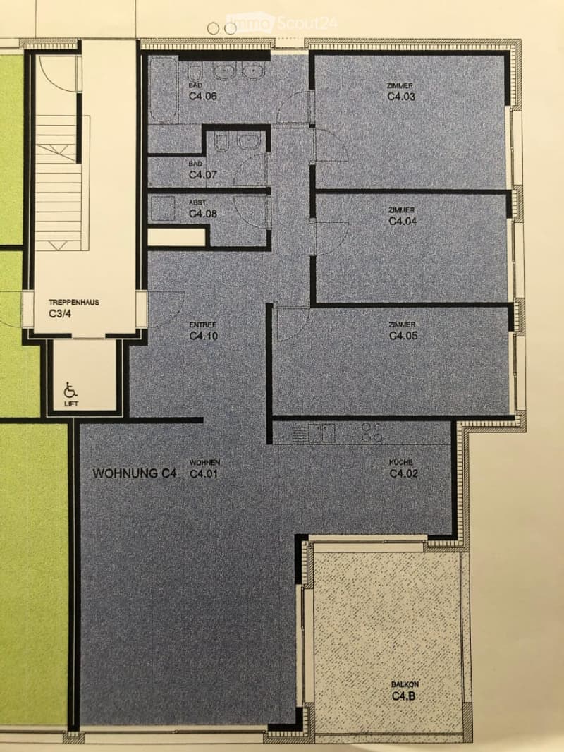 Floor plan of apartment C4 with living room, kitchen, two bedrooms, two bathrooms, entrance, and balcony.