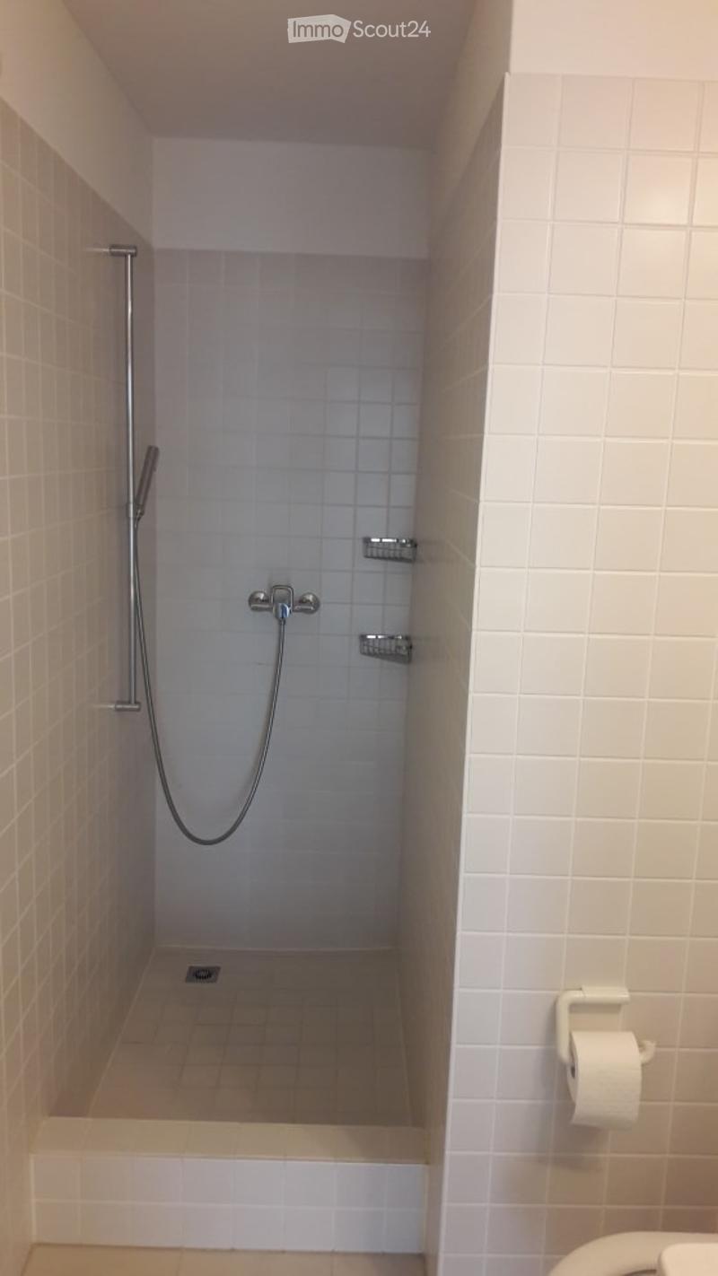 Modern, compact shower area with white tiled walls and floor, a handheld showerhead, and a toilet paper holder visible on the right side.