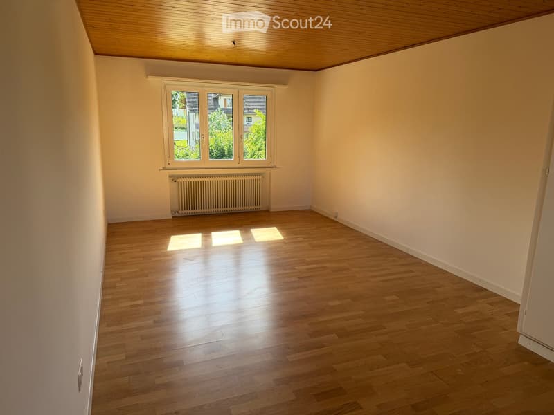 Empty room with wooden flooring, light-colored walls, and a large window with a radiator below it.