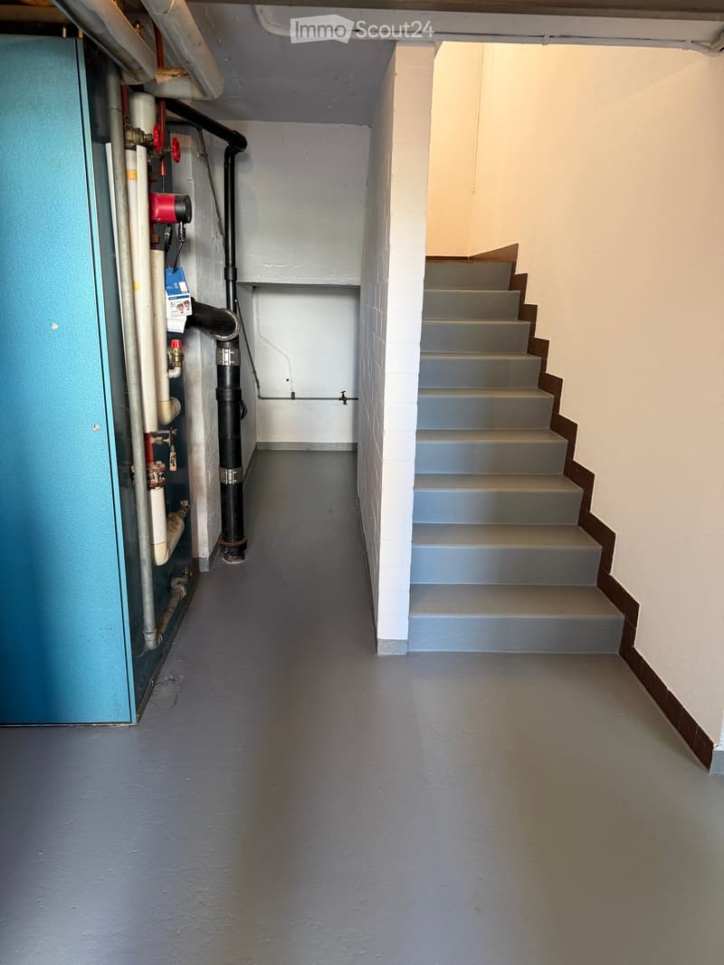 A narrow hallway with a staircase leading upwards, featuring a blue door on the left and various pipes and valves along the wall.