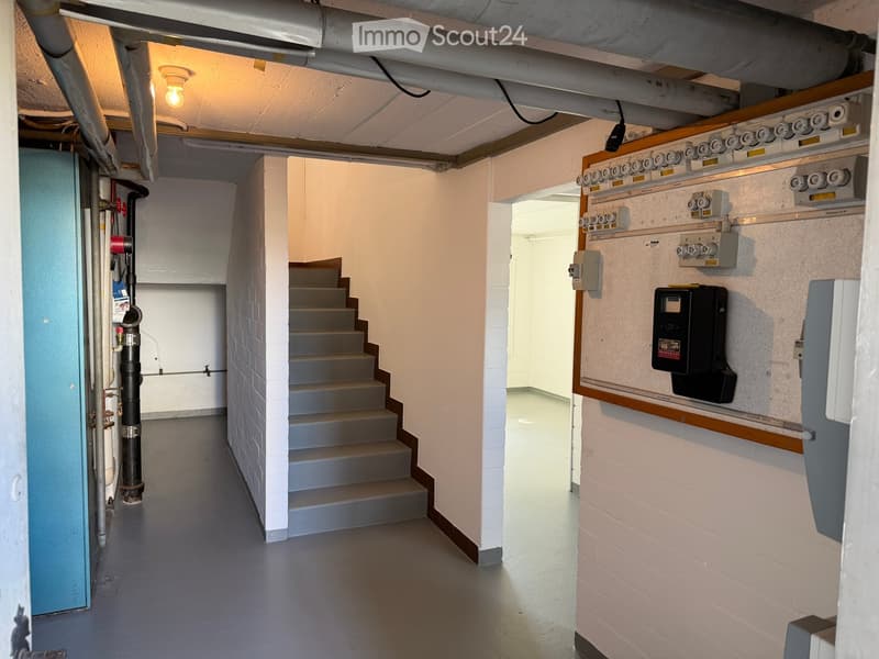 A narrow hallway with a staircase leading upwards, exposed pipes and electrical panels on the walls, and a blue door on the left side.