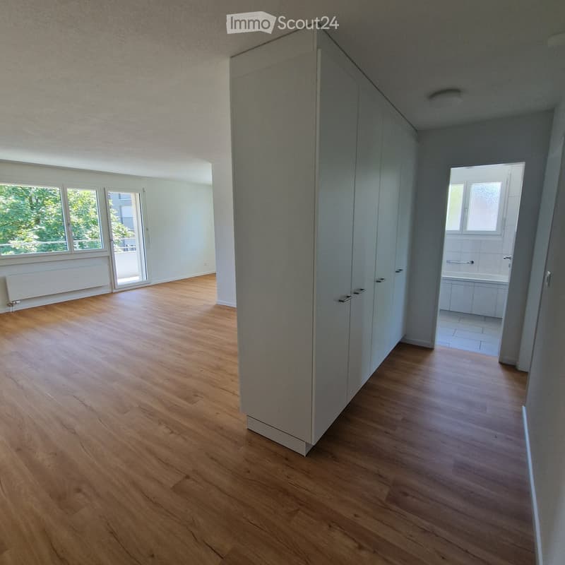 Empty room with wooden flooring, large windows, and a closet. A bathroom is visible in the background.