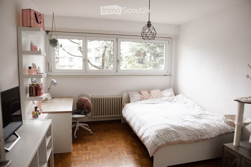 Cozy bedroom with a bed, a cat, a cat tree, a desk, shelves, a hanging lamp, and a radiator.