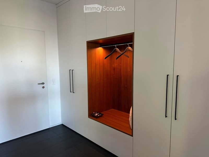 Empty room with white walls, dark tiled floor, built-in wardrobe with wooden shelf and hanging space, illuminated by soft lighting.