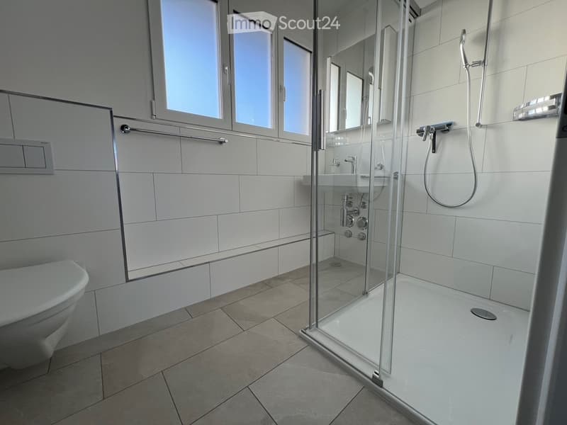 Modern bathroom with white tiles, a glass-enclosed shower, a toilet, and a sink with a mirror above it. The room features large windows allowing natural light to enter.