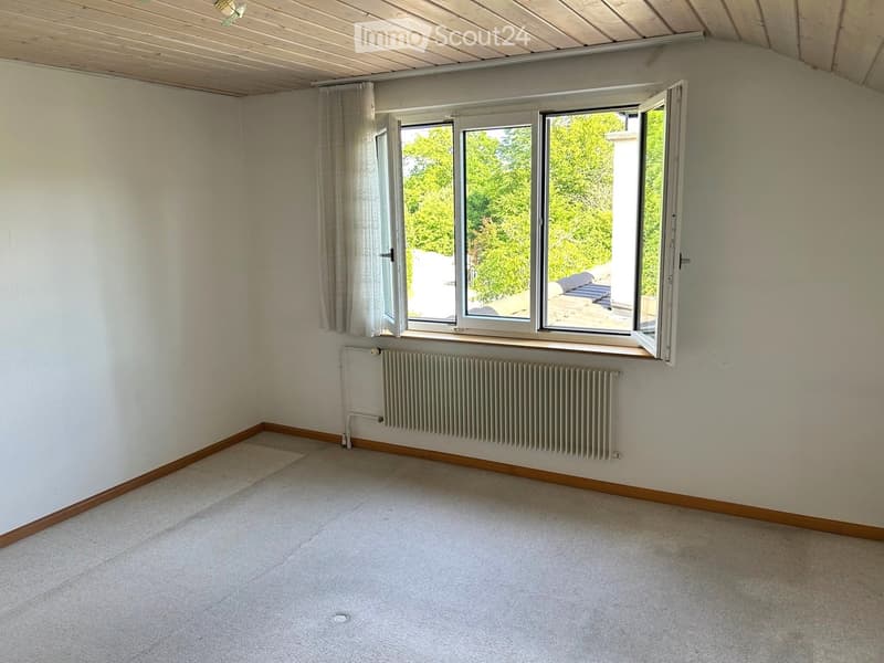 Empty room with light-colored walls, carpeted floor, radiator, and large window with open shutters revealing greenery outside.