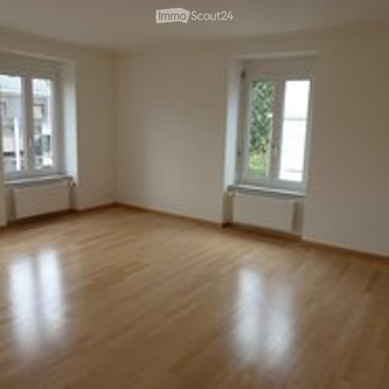 Completely empty room with wooden flooring, white walls, and two windows with radiators beneath them.