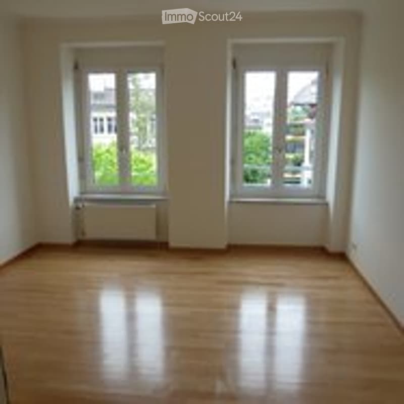 Completely empty room with wooden flooring, white walls, and two large windows with radiators beneath them.