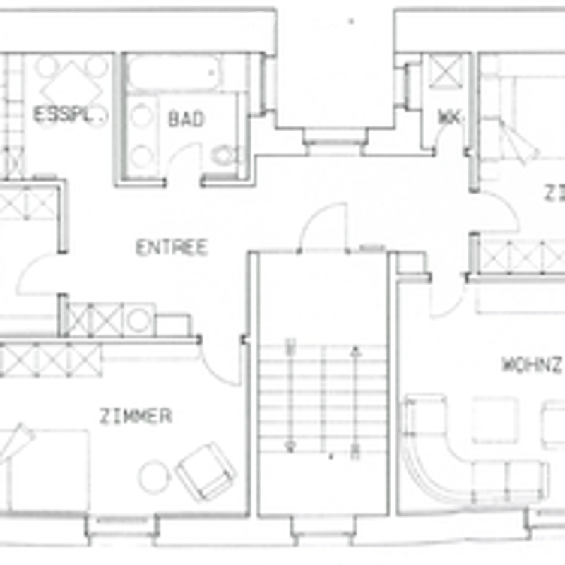 Floor plan of a house with labeled rooms including Esszimmer, Bad, Wohnzimmer, and Schlafzimmer.