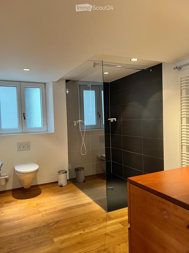 Modern bathroom with wooden flooring, a glass-enclosed shower, toilet, and radiator. Features recessed lighting and a window with frosted glass.