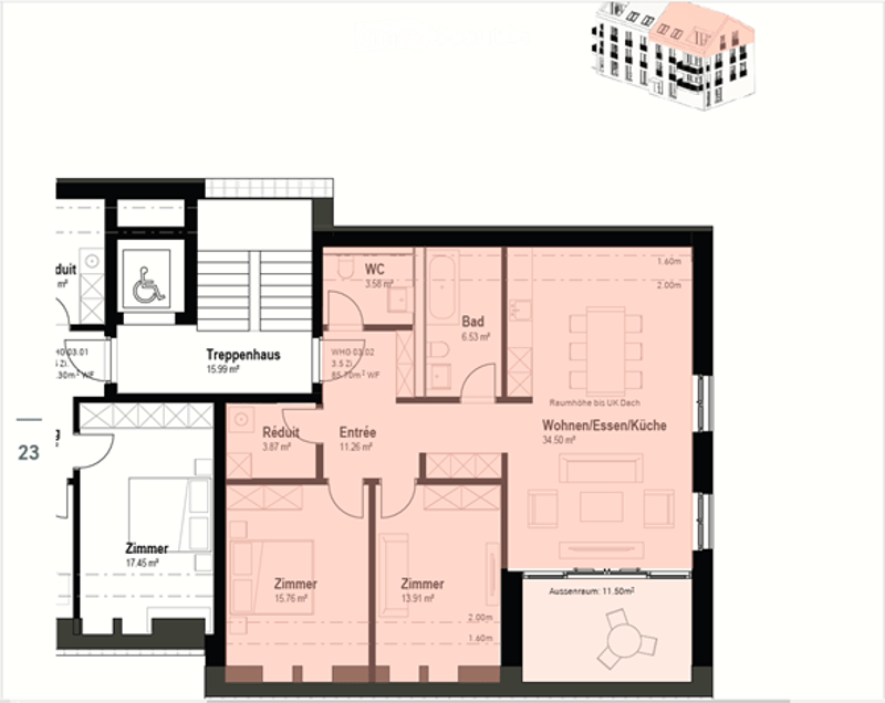 Main entrance, hallway, 4 bedrooms, bathroom, living room/kitchen, balcony