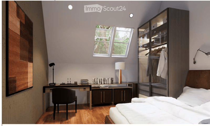 wooden bed, desk with chair, wardrobe, skylights, lamps